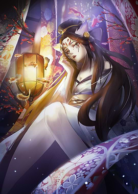 Fox Spirit in Kimono with Lantern