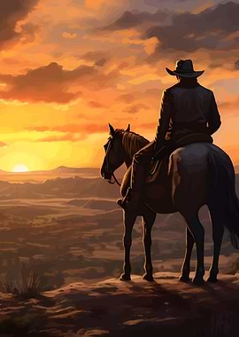 Cowboy on Horseback at Sunset