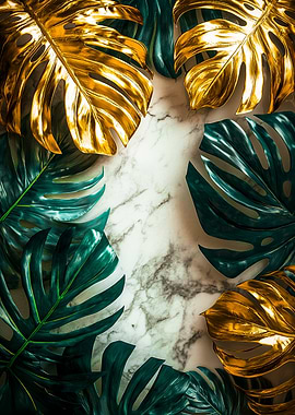 Monstera leaves on marble