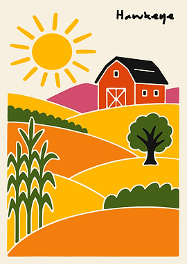 Hawkeye Iowa Farm Landscape Illustration