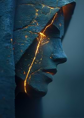 Cracked Stone Face with Golden Light