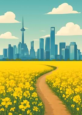 Cityscape over Yellow Flower Field
