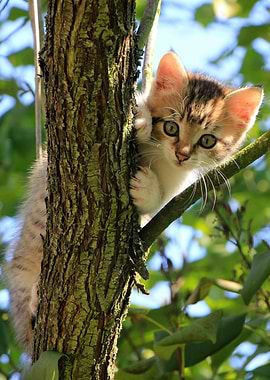Kitten climbing a tree