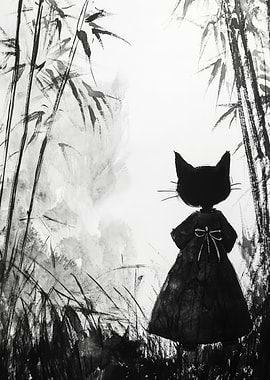 Black Cat in Bamboo Forest Painting