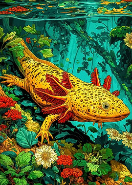 Axolotl in Floral Underwater Scene