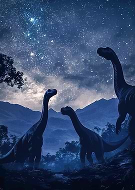 Dinosaurs starry night sky