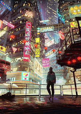 Cyberpunk Cityscape with Figure