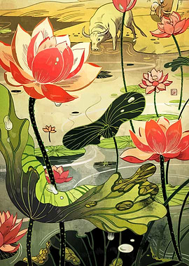 Lotus Pond with Water Buffalo