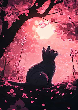 Cat in Cherry Blossom Forest