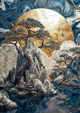 Mountain Landscape with Golden Sun