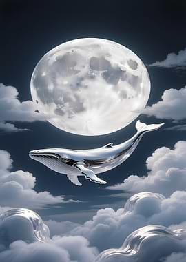 Silver Whale Flying in Cloudy Sky