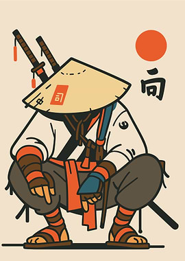 Samurai Warrior with Conical Hat Illustration