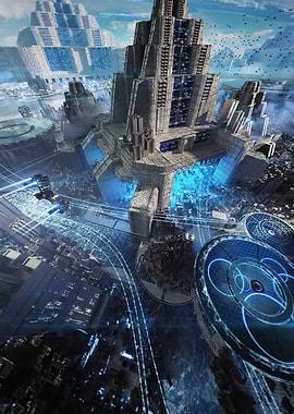 Futuristic Cityscape with Towering Structures