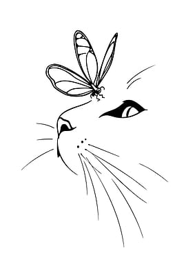 Cat with Butterfly Line Art