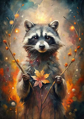 Raccoon with Autumn Leaf and Branches
