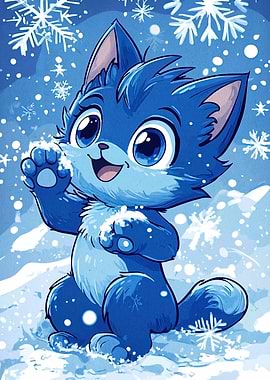 Blue Cartoon Cat in Winter Snow