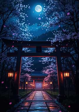 Japanese Torii Gate at Night
