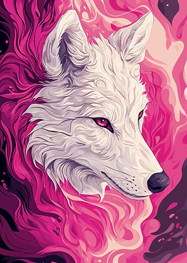 White Wolf with Pink Flames