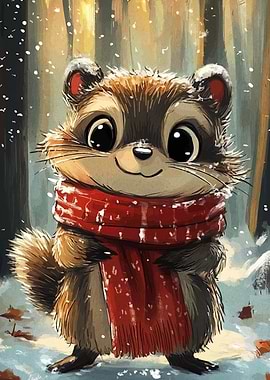 Cute Raccoon in Winter Scarf