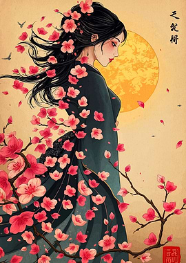 Asian Woman with Cherry Blossoms
