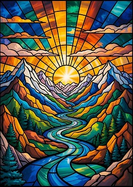 Sunlit Serenity: Stained Glass Mountains and Flowing River – Landscape Art
