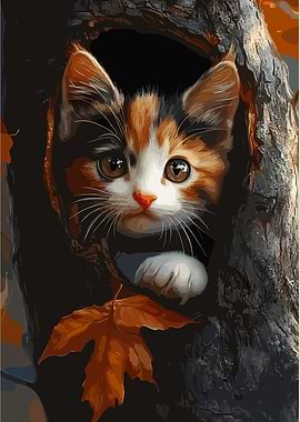Calico Kitten in Tree Hollow Painting
