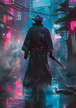 Cyberpunk Ronin in Neon Cityscape