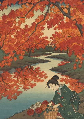 Japanese Woman Gathering Flowers by River