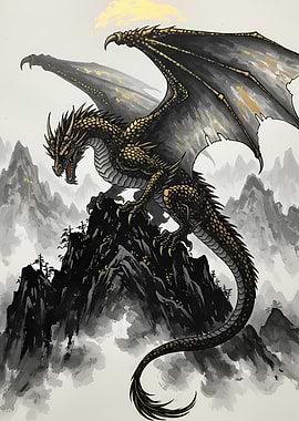 Dragon on Mountain Peak Ink Painting