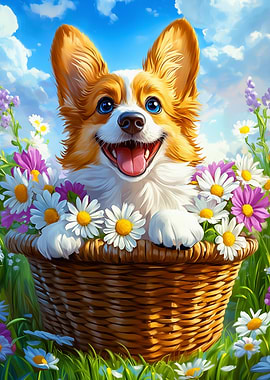 Happy Corgi in Flower Basket
