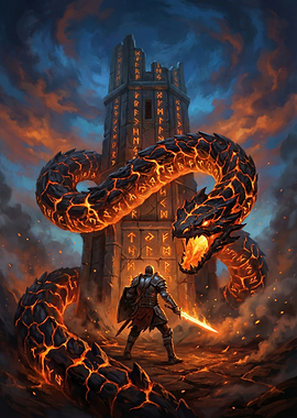 Knight Facing Lava Dragon by Tower