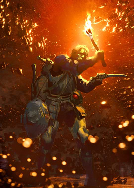 Warrior with Torch in Fiery Ambience
