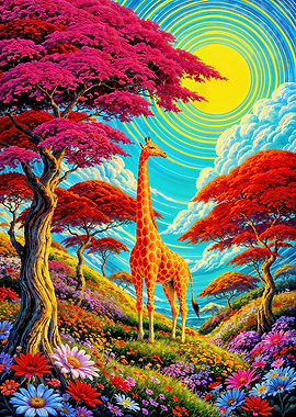Giraffe in Colorful Floral Landscape