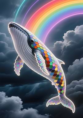Rainbow Whale in Cloudy Sky