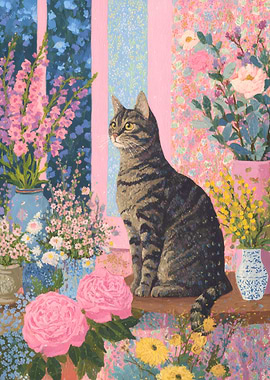 Cat among flowers painting