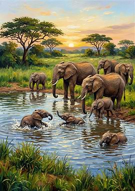 Elephants at Watering Hole Painting