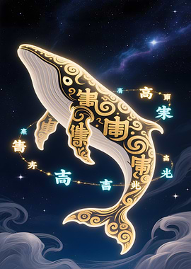 Celestial Whale with Asian Calligraphy