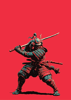 Samurai Warrior with Sword on Red