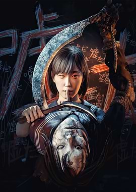 Creepy Schoolgirl with Scythe and Mask