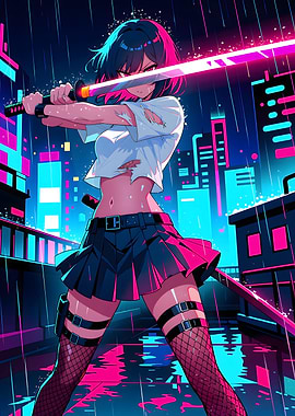 Cyberpunk Anime Girl with Katana