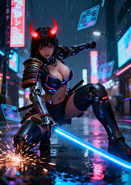 Cyberpunk Oni Samurai Girl