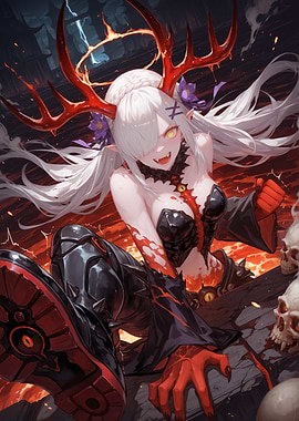 Demon Girl with Antlers and Skulls