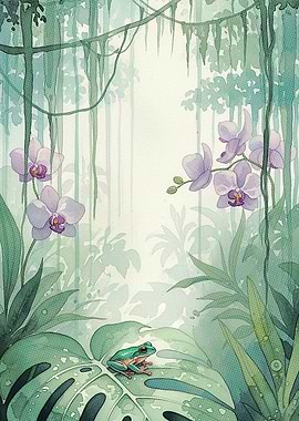 Watercolor Frog in Tropical Rainforest