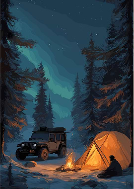Camping Adventure with Jeep at Night