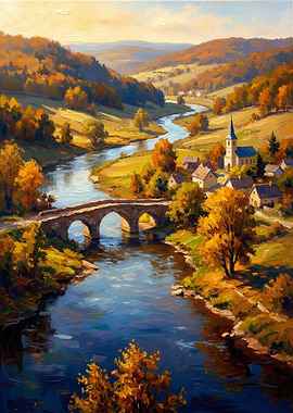 Autumn Village Landscape Painting