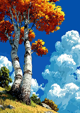 Autumn Birch Trees and Cloudy Sky