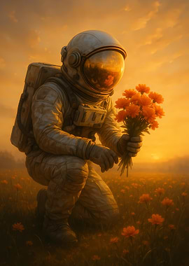Astronaut with Flowers in Field