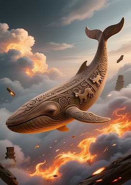 Ornate Whale in Fiery Sky