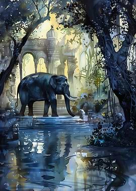 Elephant in Temple Ruins Watercolor Painting