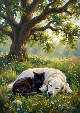 Cat and Dog Sleeping Under Tree
